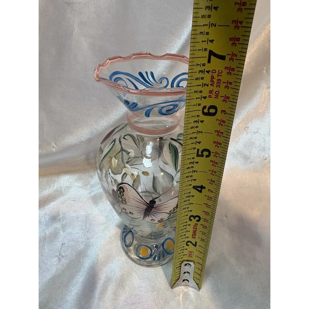 Vintage Tracy Porter Hand Painted Glass Floral Butterfly Bud Vase Ruffled edge